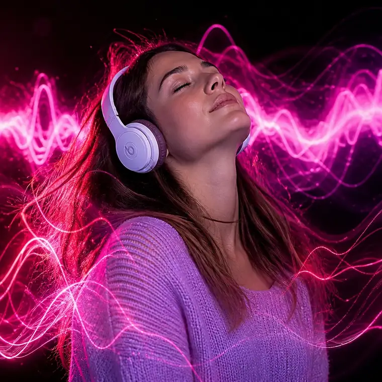 Mujer escuchando la Melodía del Amor con audífonos y ondas de frecuencia rosadas