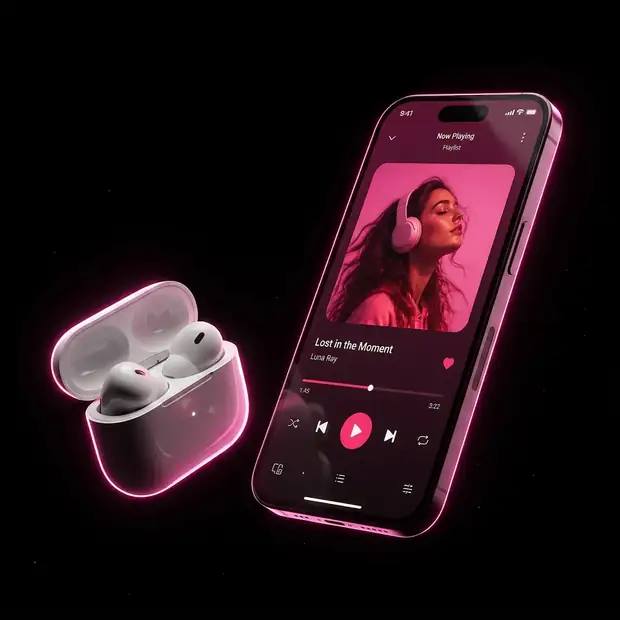 Celular reproduciendo la Melodía del Amor junto a audífonos inalámbricos